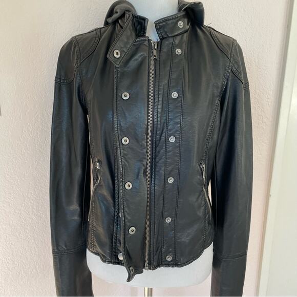 We The Free Dawn Black Vegan Leather Moto Jacket Double Breasted with Hood XS - Picture 16 of 16